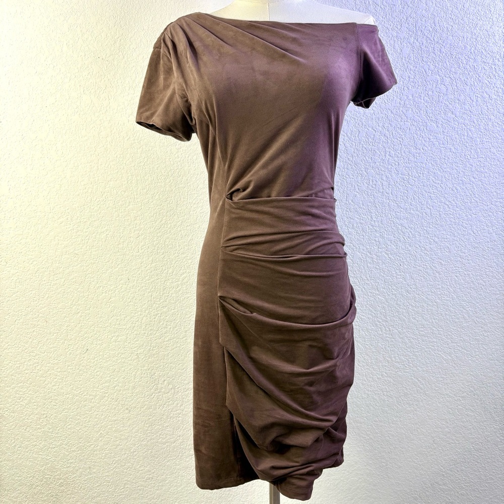 Vintage Bebe Ruched One-Shoulder Dress — Chocolate Brown (S)